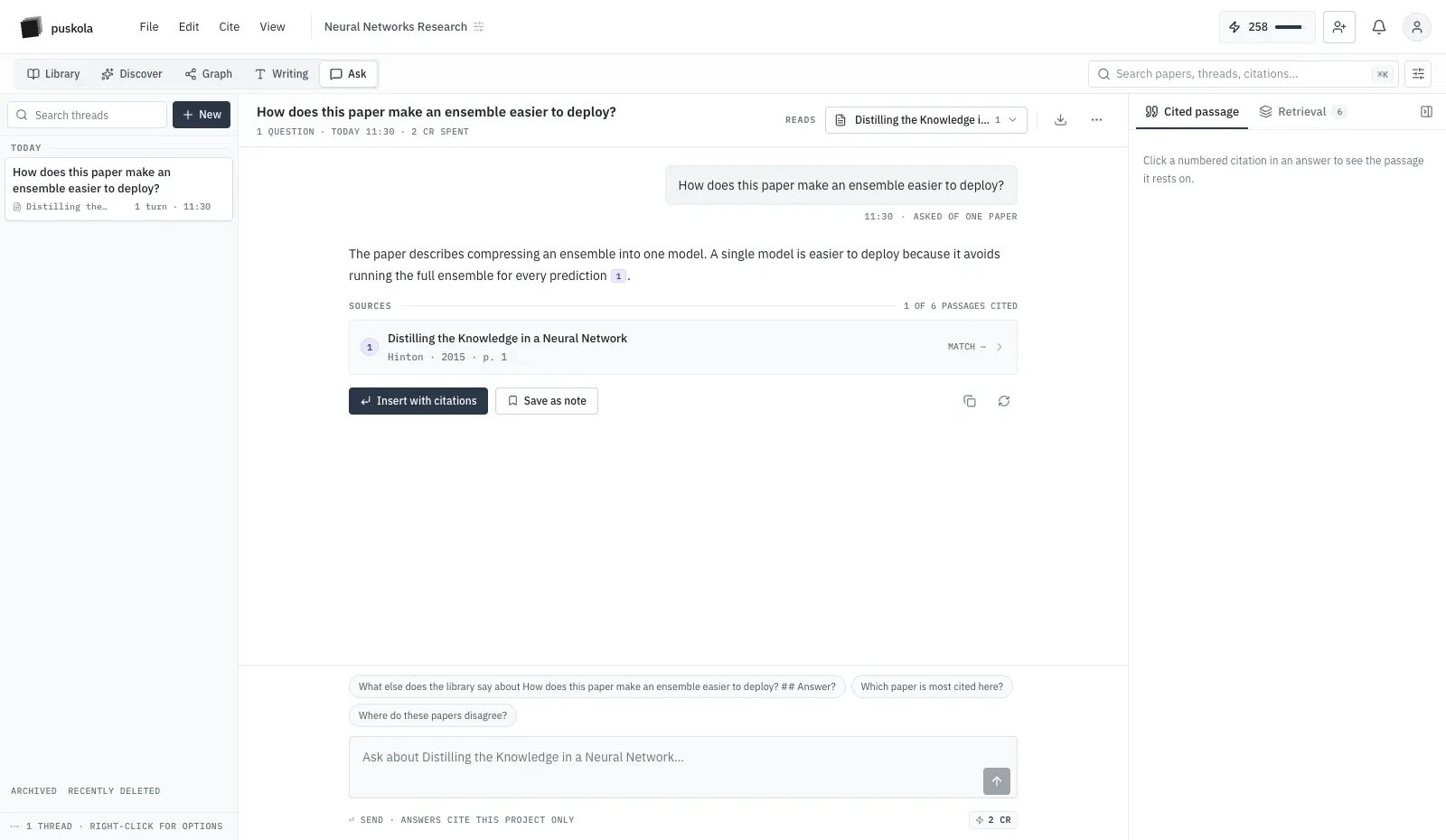 Puskola Ask view showing a question, numbered citations, and linked source passages