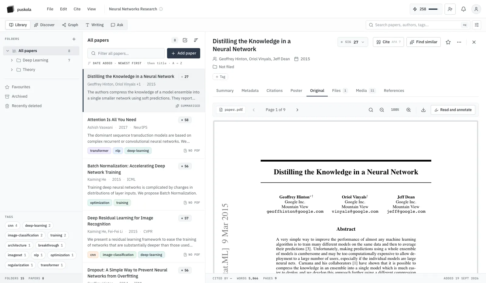 Puskola project library with folders, paper list, and the original PDF open in the reader