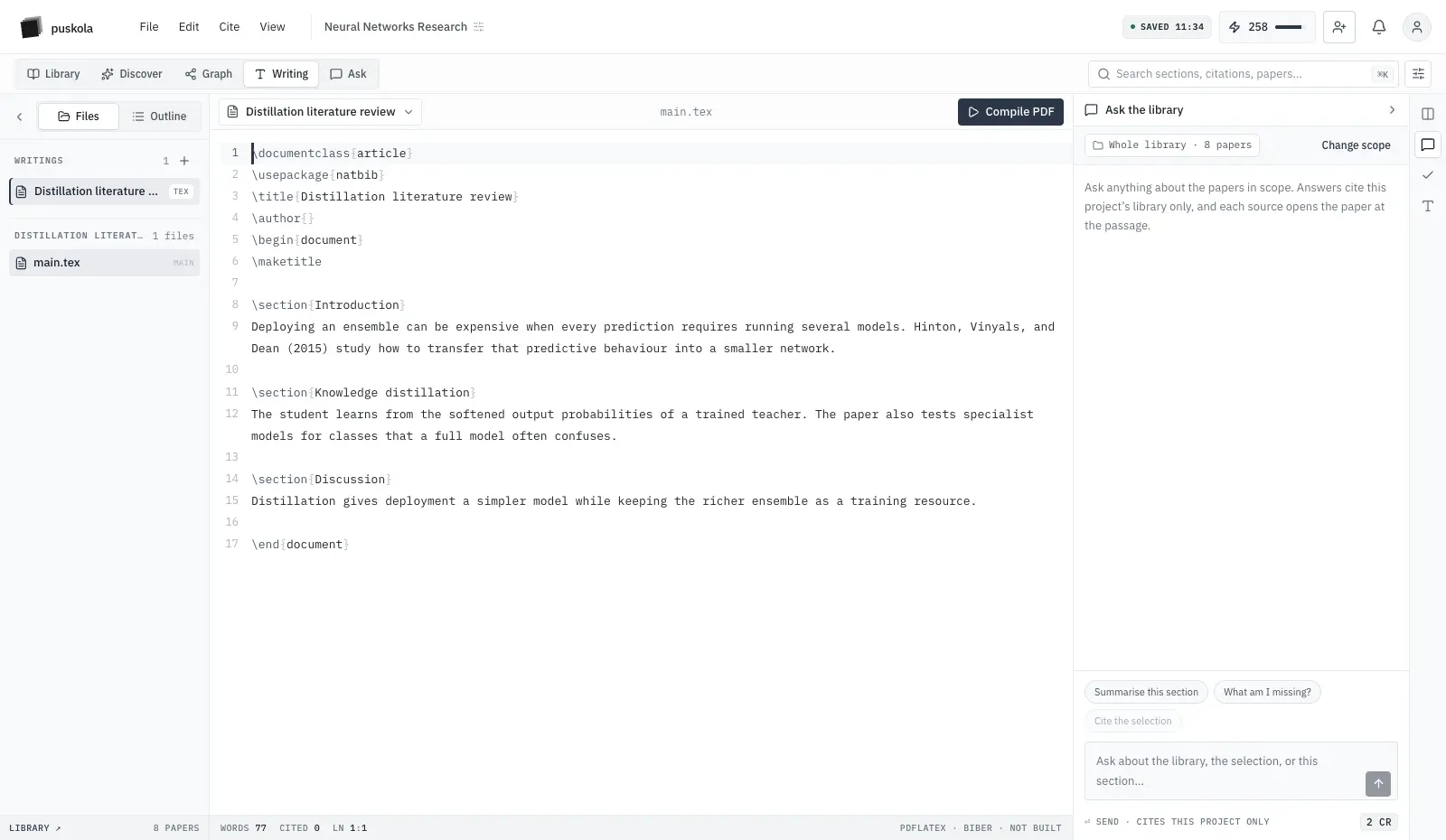 Puskola Writing view with a project writing open beside its file tree and library tools
